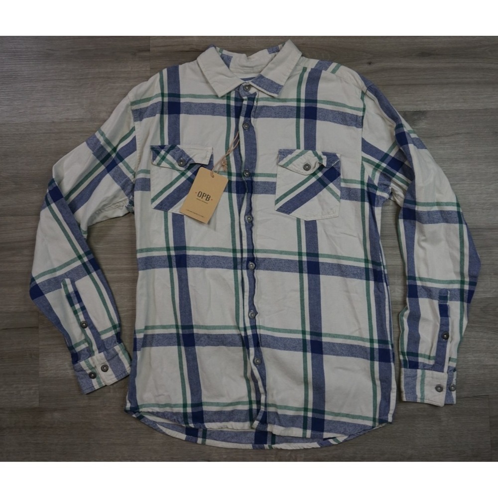 New Original Paperbacks Plaid Flannel Button Up Shirt Men Large White Green Blue